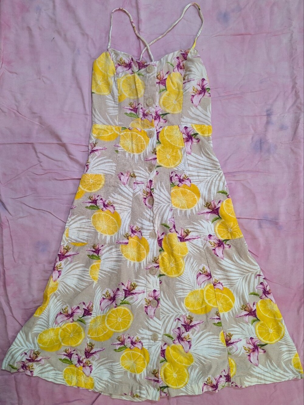 Forever 21 Strappy Linen Blend Midi Dress Lemons & Lilies Small Pockets